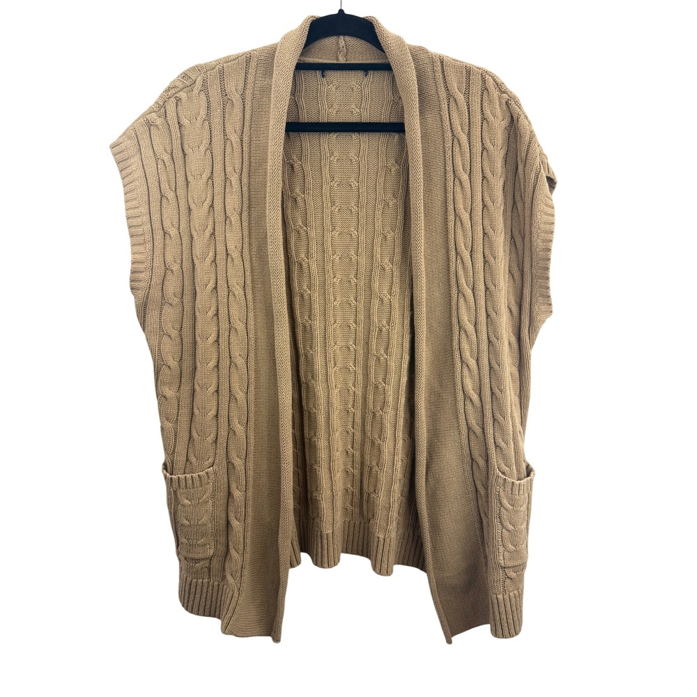 Sleeveless Cable Knit Cardigan Vest Shawl Collar Pockets Beige‎ Sweater